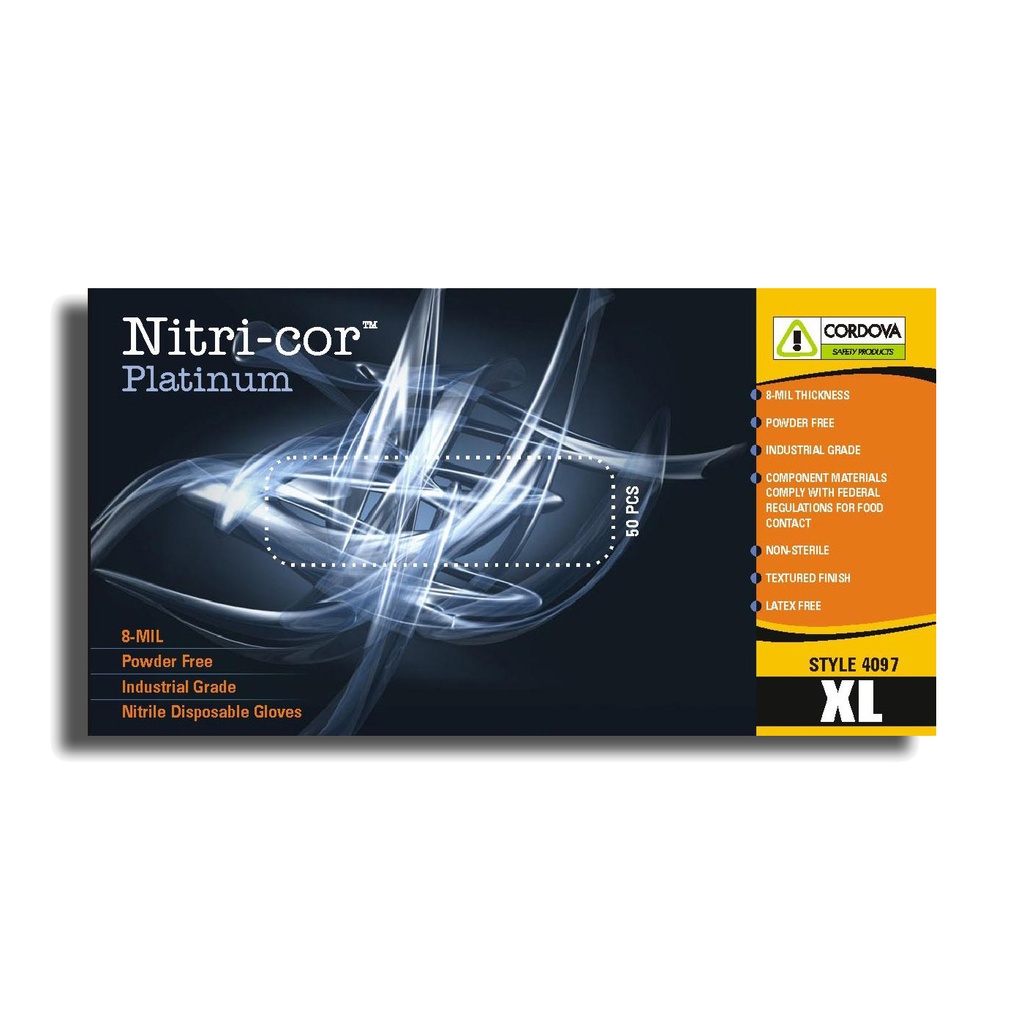 #4097XL Cordova Gloves Nitri-cor Platinum Nitrile, Industrial Grader, Powder Free, Textured, 8-Mil, 20 Boxes of 50. 1000/Case