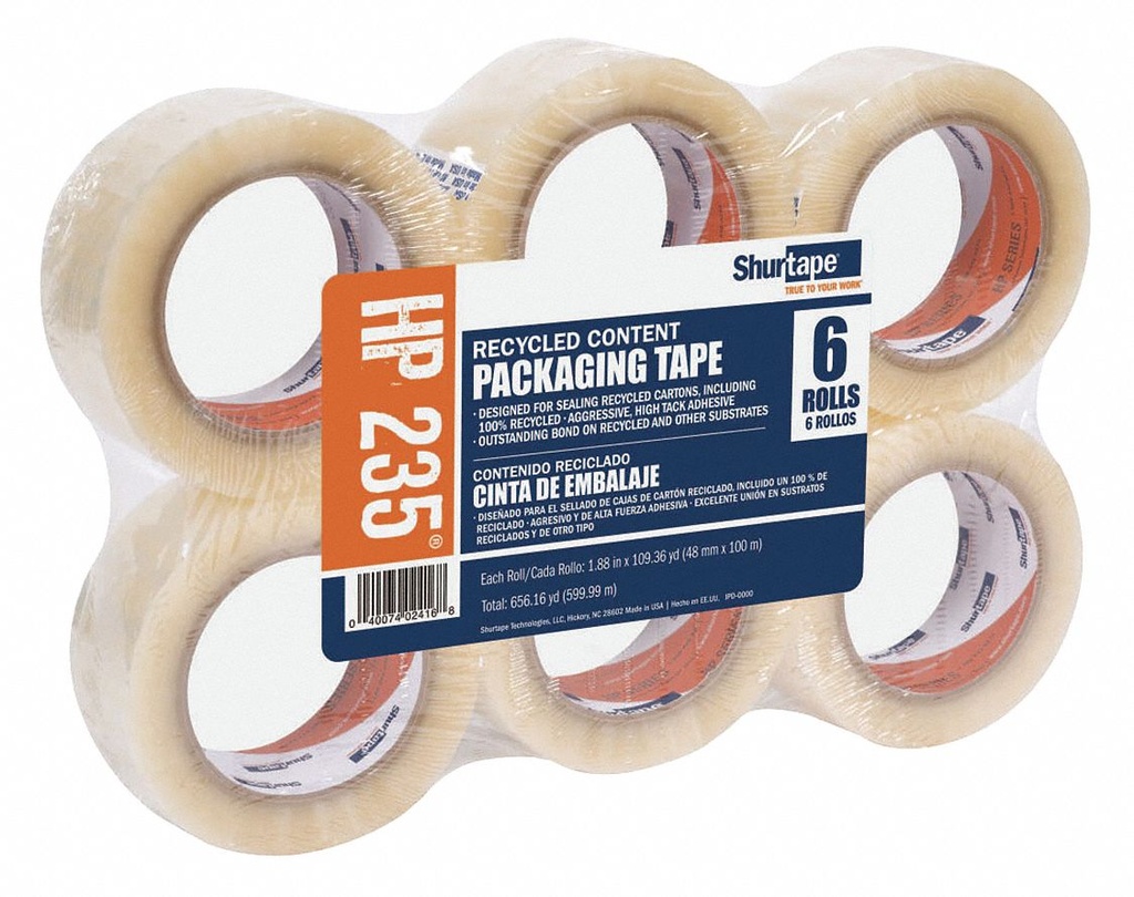 HP 235 Box Sealing Tape 48mm x 100mm 2 mil. Clear. 36 Rls/Cse. For Highly Recycled Corrugated Boxes