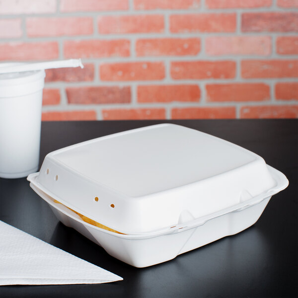 Dart 90HTPF1R Perforated White Foam Square Take Out Container with Hinged Lid 9" x 9" x 3" - 200/Case
