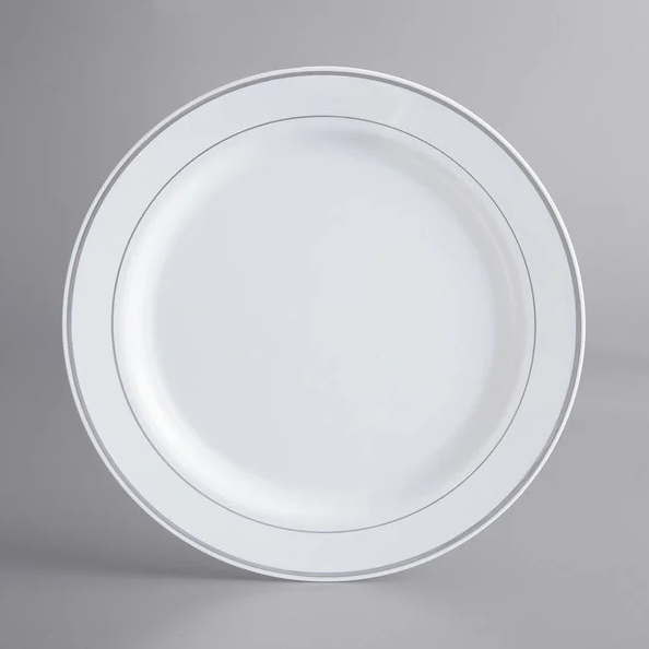 Silver Visions 10" White Plastic Plate with Silver Bands - 120/Case