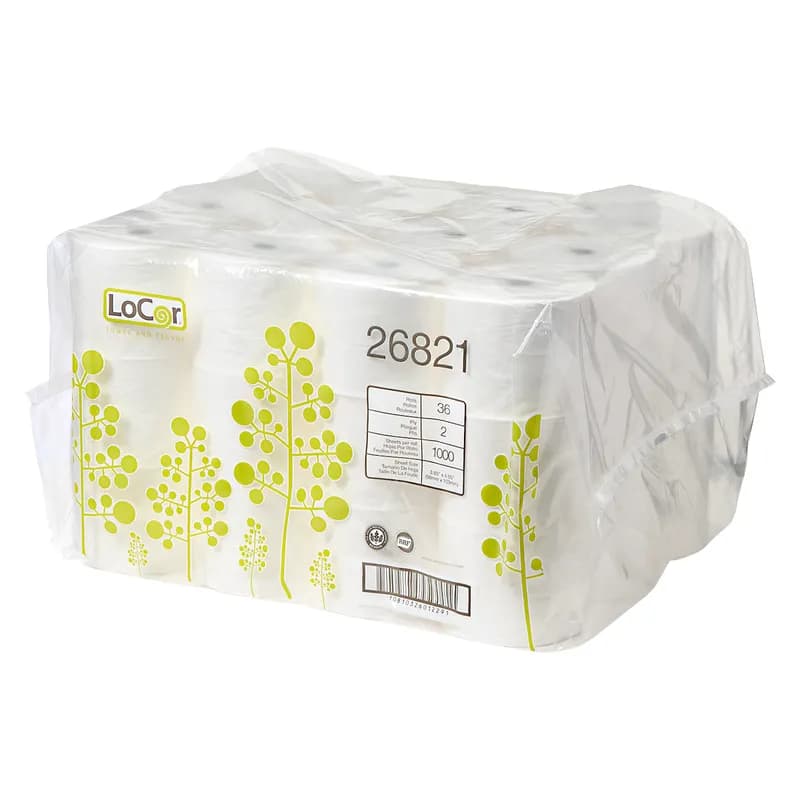 Locor 1000 Ft 2 Ply Toilet Tissue  3.85 x 4.05 Poly  Wrap, 36 Rolls/Case, Small Rigid Core