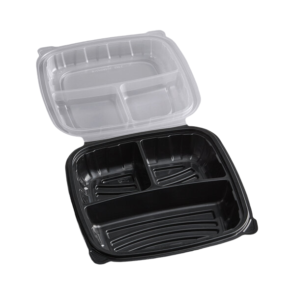 Choice 9" x 9" x 3" Microwaveable 3-Compartment Black / Clear Plastic Hinged Container - 100/Case