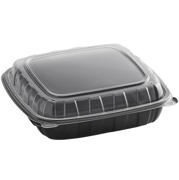 Choice 9" x 9" x 3" Microwavable 1-Compartment Black / Clear Plastic Hinged Container - 100/Case