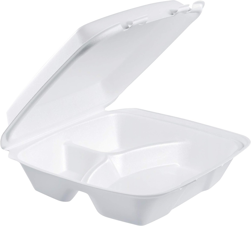 Dart 95HT3R 9 1/2" x 9" x 3" White Foam Three-Compartment Square Take Out Container with Hinged Lid - 200/Case