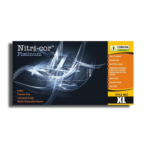 [COR 4097XL] #4097XL Cordova Gloves Nitri-cor Platinum Nitrile, Industrial Grader, Powder Free, Textured, 8-Mil, 20 Boxes of 50. 1000/Case