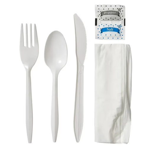 [WEB 346WKFSNSPM] Choice White Medium Weight Wrapped Plastic Cutlery Pack with Napkin and Salt / Pepper Packets, 500 / Case