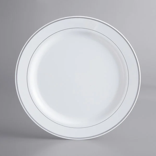 [WEB 347RPBD10WHS] Silver Visions 10" White Plastic Plate with Silver Bands - 120/Case