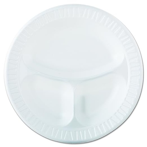 [WEB 30110CPWCR] Dart 10CPWCR CONCORDE 10 1/4" 3 Compartment White Non-Laminated Round Foam Plate - 500/Case