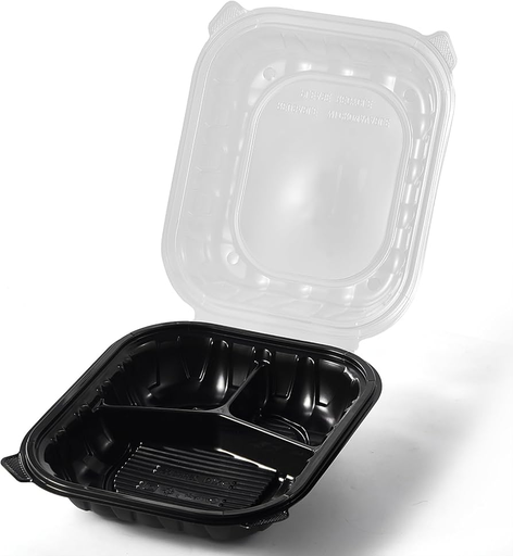 [WEB 500TO993C3] Choice 9" x 9" x 3" Microwaveable 3-Compartment Black / Clear Plastic Hinged Container - 100/Case