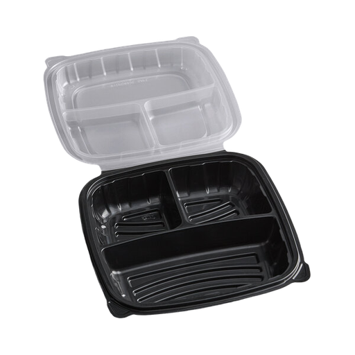 [WEB 500TO993C3] Choice 9" x 9" x 3" Microwaveable 3-Compartment Black / Clear Plastic Hinged Container - 100/Case