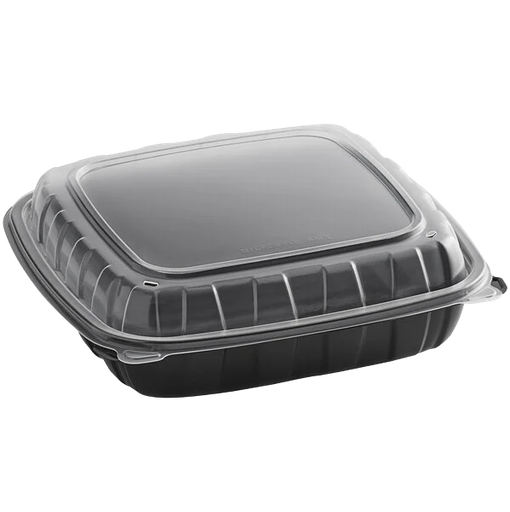 [WEB 500TO993] Choice 9" x 9" x 3" Microwavable 1-Compartment Black / Clear Plastic Hinged Container - 100/Case